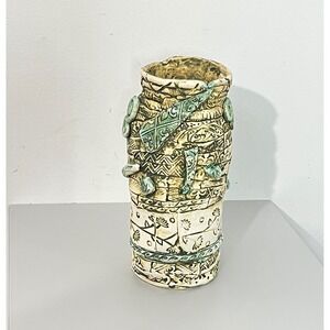 Artisan‎ Hand Crafted Studio Pottery Vase Cream Green Textured Artisan Ceramic